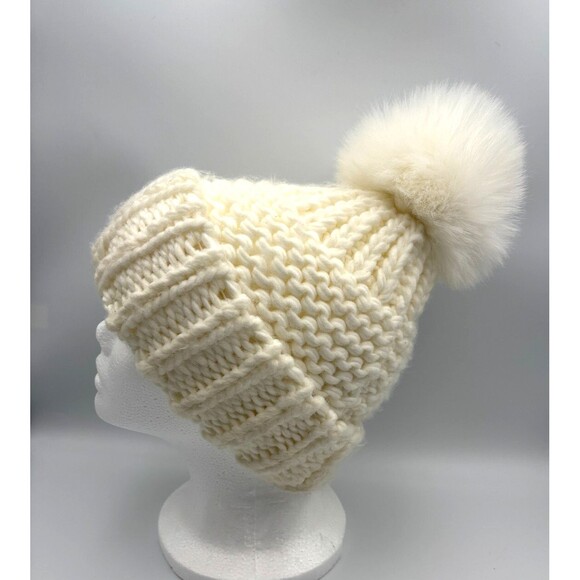 Free People Ivory Chunky Knit Acrylic Winter Pompom Beanie Hat O/S - Picture 4 of 6